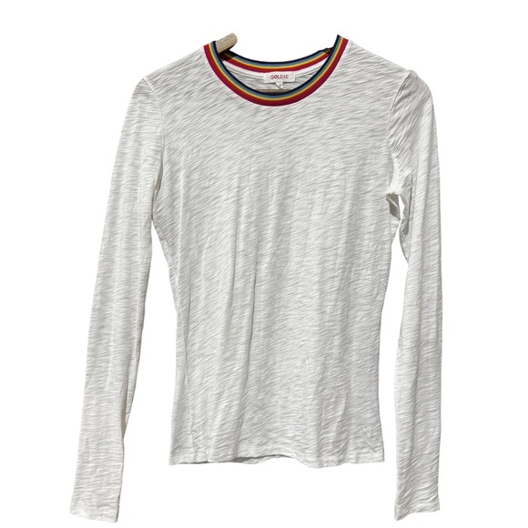 Goldie Shirt Womens XS White Rainbow Trim Long Sleeve Crewneck Fitted Cotton - Picture 1 of 9